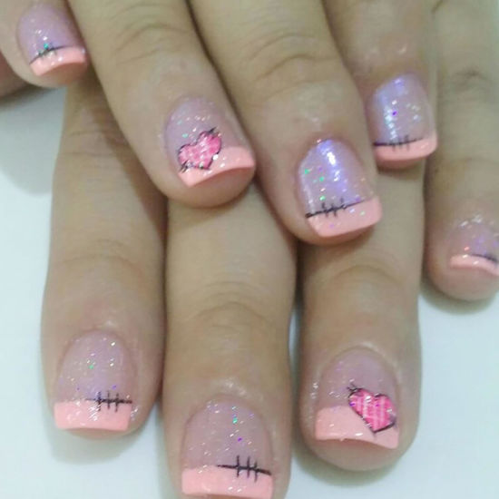 Picture of 24Pcs Valentines Day Press on Nails Short False Nails Heart Nails Tip Design Acrylic Nails Glitter Full Cover Square Stick on Nails Pink French Tip Fake Nails for Women Wedding Nail Art Decoration