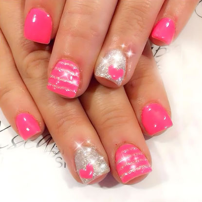 Picture of 24Pcs Valentines Day Press on Nails Short Square Fake Nails Pink Heart Press ons Glitter Silver Full Cover False Nails Cute Wedding Acrylic Glue on Nails Valentines Nails for Women French Manicure