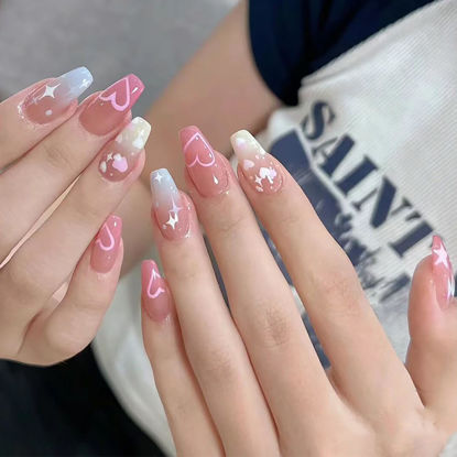 Picture of 24Pcs Valentines Day Press on Nails Coffin Medium Fake Nails Colour Star Heart Acrylic Nails Cute Full Cover Design Valentines False Nails Pink Glossy Artificial Glue on Nails for Women DIY Manicure
