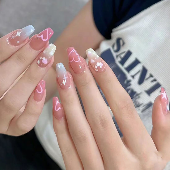 Picture of 24Pcs Valentines Day Press on Nails Coffin Medium Fake Nails Colour Star Heart Acrylic Nails Cute Full Cover Design Valentines False Nails Pink Glossy Artificial Glue on Nails for Women DIY Manicure
