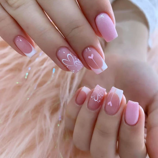 Picture of 24Pcs Valentines Day Nails Romantic Heart Press on Nails Medium Square Fake Nails White French Tip False Nails White Heart Design Glue on Nails Pink Artificial Stick on Nails Wedding Acrylic Nails Kit