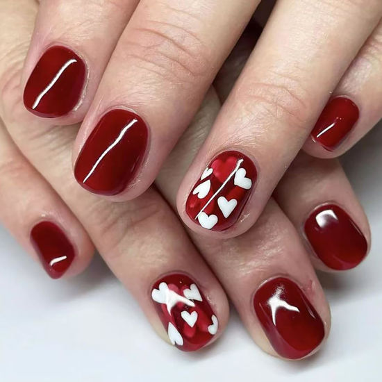 Picture of 24Pcs Valentines Day Press on Nails Short Coffin Fake Nails Wine Red Full Cover Acrylic Nails Hearts False Nails Glossy Glue on Nails for Women Romantic Valentines Artificial Nails Decoration Kit