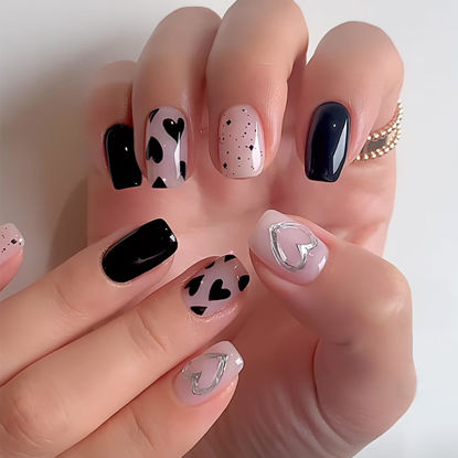 Picture of 24Pcs Valentines Day Press on Nails Short Square Fake Nails Black Heart Glue on Nails Full Cover Glossy Valentines False Nails with Design Stick on Nails Cute Wedding Acrylic Nails for Women Girls