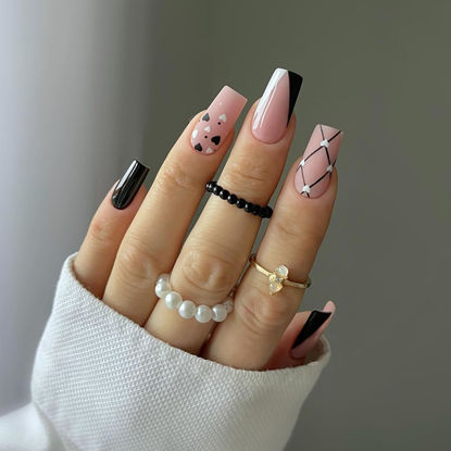 Picture of 24Pcs Valentines Day Square Press on Nails Medium Coffin Fake Nails Heart False Nails Black Full Cover Artificial Acrylic Nails Matte Design Valentines Glue on Nails for Women Stick on Nails Set