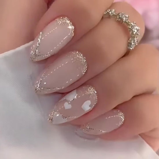 Picture of 24Pcs Valentines Day Nails White Heart Press on Nails Medium Almond Fake Nails with Glitter French Tip Design Glue on Nails Stiletto Shape Acrylic False Nails for Women Wedding Manicure Art
