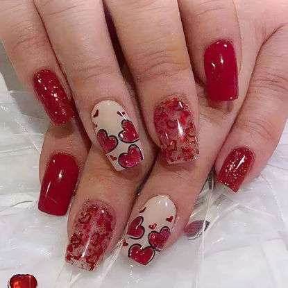 Picture of 24Pcs Valentines Day Press on Nails Short Square Fake Nails with Glitter Red Heart Press ons Romantic Full Cover Valentines False Nails Cute Hearts Acrylic Glue on Nails for Women DIY Wedding Manicure