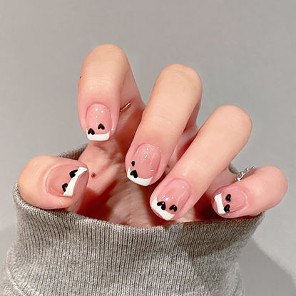 Picture of 24Pcs Valentines Day Short Square Press on Nails White French Tip Fake Nails Black Heart Full Cover False Nails Valentines Acrylic Nails Cute Stick on Nails Nude Glue on Nails for Women Girls Manicure