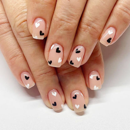 Picture of 24Pcs Valentines Day Press on Nails Short Square Fake Nails with Black White Heart False Nails Nude Full Cover Glue on Nails Valentines Acrylic Nails for Women Reusable Cute Stick on Artificial Nails