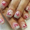 Picture of 24Pcs Valentine Day Press on Nails Short Square False Nails Shiny Red Heart Acrylic Nails Valentine Fake Nails Silver Glitter Full Cover Glue on Nails Cute Stick on Nails for Women Manicure Decoration