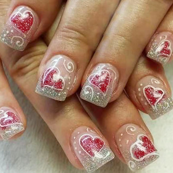 Picture of 24Pcs Valentine Day Press on Nails Short Square False Nails Shiny Red Heart Acrylic Nails Valentine Fake Nails Silver Glitter Full Cover Glue on Nails Cute Stick on Nails for Women Manicure Decoration