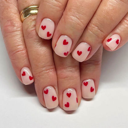 Picture of 24Pcs Valentines Day Short Press on Nails Square Fake Nails Full Cover Red Heart False Nails Cute Valentines Nails Design Glue on Nails Short Coffin Acrylic Artificial Nails for Women Holiday Manicure