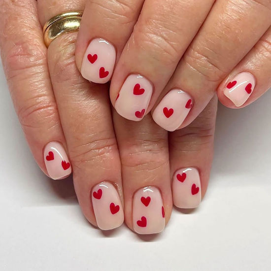 Picture of 24Pcs Valentines Day Short Press on Nails Square Fake Nails Full Cover Red Heart False Nails Cute Valentines Nails Design Glue on Nails Short Coffin Acrylic Artificial Nails for Women Holiday Manicure