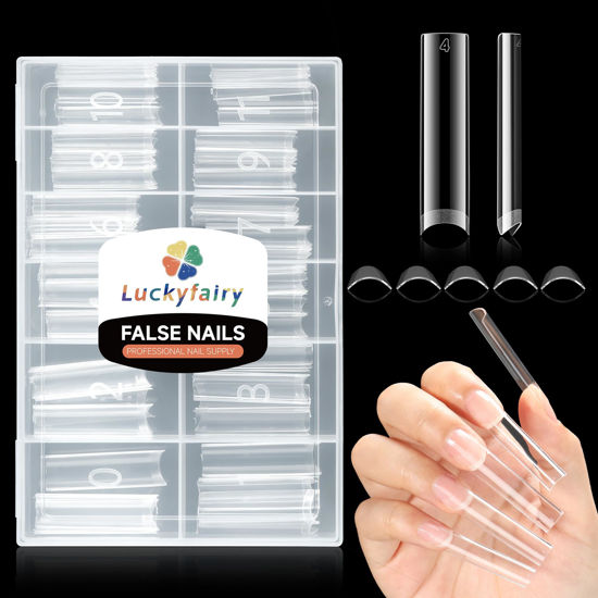 Picture of Luckyfairy XXL Nail Tips Square 120 Pcs 12 Sizes - No C Curve Flat Square Nail Tips Pre-buff 2XL Half Cover Tapered Gel Acrylic Nail Tips False Nails Gelly Tips for DIY Nail Art Salon