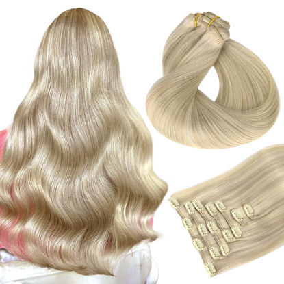 Picture of HOTBANANA Human Hair Clip in Hair Extensions, Ash Blonde Highlighted Platinum Blonde Hair Extensions 120g Clip in Hair Extensions Real Human Hair Straight Remy Hair Clip Ins 24 Inch 7pcs