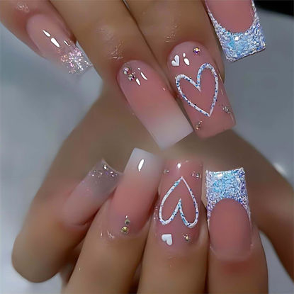 Picture of RUOKEXIN Heart Press On Nails Medium Square Fake Nails Glitter Glossy Acrylic False Nails with Rhinestones Designs Ombre Pink Full Cover Press Ons Fall Winter Holiday Stick on Nails for Women 24Pcs