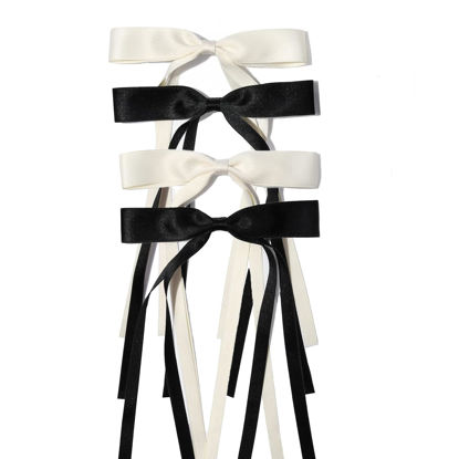 Picture of Ayesha Hair Clips 4pcs Hair Bows with Ribbon Tails for Women Girls Black Cream Satin Bow Claw Clips