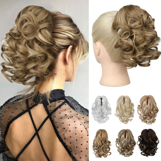 Picture of REECHO 9" Short Ponytail Extension, Classic Loose Curly Wavy Claw Clip Pony tails Hair Extensions HP001 Hairpieces for Women - Medium Blonde with Blonde Highlights