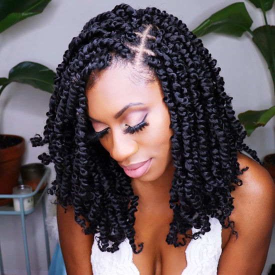 Picture of The BOHOBABE Pre-twisted Passion Twist Crochet Hair 14 Inch Short Pre-looped Crochet Passion Twist Braiding Hair 8 Packs (2#) 2#(Off Black)