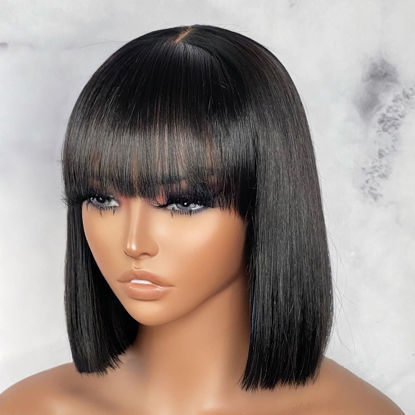 Picture of LUVME HAIR 10 Inch Short Black Straight Bang Wig with Minimalist 2x1 Lace Scalp For Women