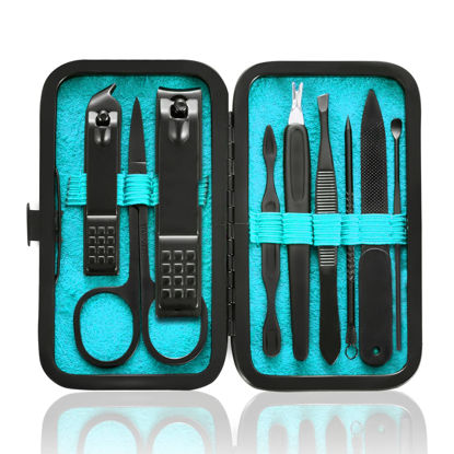 Picture of HANTEKAS Manicure Set 9 in 1 Stainless Steel, Nail Clippers Scissors Pedicure Tools Kit - Portable Travel Grooming Kit for Men and Women with Leather Case (Blue-BIG Nail Clipper)