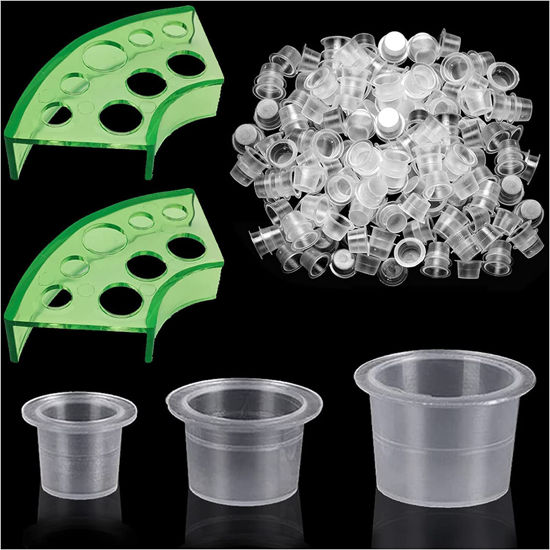 Picture of 300pcs Tattoo Ink Caps with 2 Cups Holders - Moricher 100 Small 100 Medium 100 Large Tattoo Ink Cups +2 Cups Holders for Tattoo Ink Permanent Makeup Container Cap Tattoo Accessory