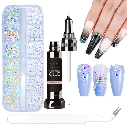 Picture of Makartt Nail AB Rhinestones With Gel Nail Glue For Gems 8ML & Half-Round Pearl & Rhinestone Picker Tweezers Strong Adhesive Nail Gems Glue Diamond Art Nail Charms Design Accessories Jewels Decoration