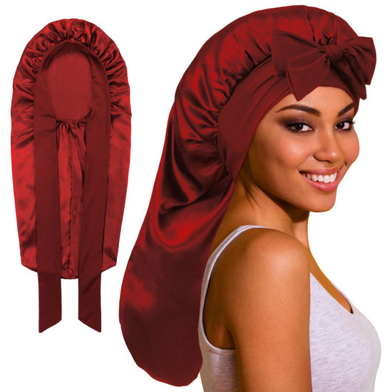 Picture of ROYBENS Long Bonnet Satin Bonnet Silk Bonnet for Sleeping Women, Bonnet with Tie Band Sleep Cap, Silk Hair Bonnet for Braids Curly Hair