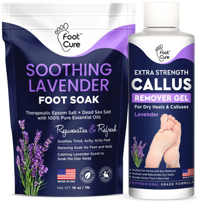 Picture of Lavender Foot Soak & Callus Remover Gel Kit - Extra Strength Callus Remover Gel for Feet, Remove Calluses with Epsom Salts, Dry Cracked Heels & Foot Odor, at Home Pedicure - Foot Care for Tired Feet