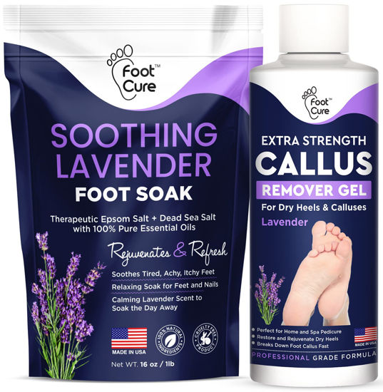 Picture of Lavender Foot Soak & Callus Remover Gel Kit - Extra Strength Callus Remover Gel for Feet, Remove Calluses with Epsom Salts, Dry Cracked Heels & Foot Odor, at Home Pedicure - Foot Care for Tired Feet
