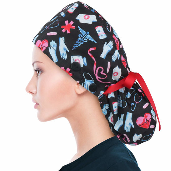 Picture of ABAMERICA Ponytail Scrub Caps for Women Surgical Caps Nurse Hat with Functional Ponytail Holder for Long Hair, Single or Satin-Lined