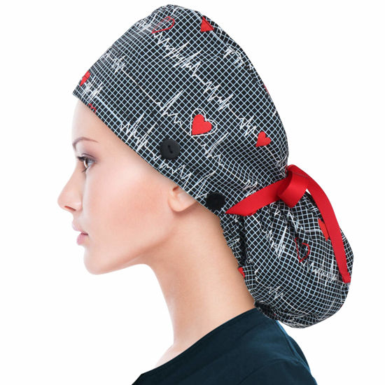 Picture of ABAMERICA Ponytail Scrub Caps for Women Surgical Caps Nurse Hat with Functional Ponytail Holder for Long Hair, Single or Satin-Lined