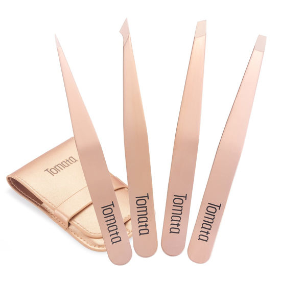 Picture of Tomata Tweezers for Eyebrows, Slant Tip and Pointed Eyebrow Tweezer Set Great Precision for Eyebrows Facial Hair, Ingrown Hair, Splinter, Blackhead and Tick Remover (4-piece) (Gold)