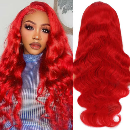 Picture of Loyom Red Lace Front Wig Human Hair 13x4 Body Wave Glueless Lace Front Wigs Human Hair Pre Plucked 180% Density HD Lace Front Wigs Human Hair Red Human Hair Wig 28 Inch