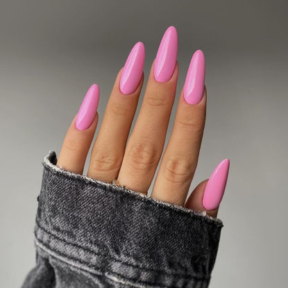 Picture of Glossy Pink Press on Nails Almond Medium, Pure Color Fake Nails Press Ons Almond Shape, Stick on Nails for Women and Girls Daily Wear in 24PCS