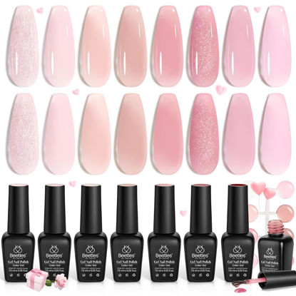 Picture of Beetles Spring Jelly Gel Nail Polish Set, 8 Colors Nude Sheer Pink Shimmer Gel Polish, Classic Neutral Glitter Transparent Gel Soft Whisper Soak off Manicure Valentine's Day Gifts for Women