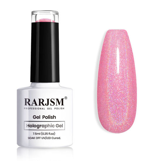 Picture of RARJSM Hot Pink Holographic Gel Nail Polish Rainbow Glitter Reflective Iridescent Gel Polish Curing Required Unicorn Mirror Chrome Laser Effect Soak off for Summer DIY Salon Home Manicure 7.5ML