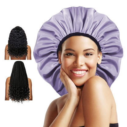 Picture of Auban Extra Large Shower Cap, Double-Layer Waterproof Reusable Satin Lining Shower Bonnet for Women Long Hair, Braids, Locs, perms (Purple)