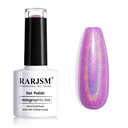 Picture of RARJSM Holographic Nail Polish Bright Purple Nail Polish 1 Pcs 7.5ml LED Lamp Cured Holographic Effect for Nail Art Design Salon Home RAR74