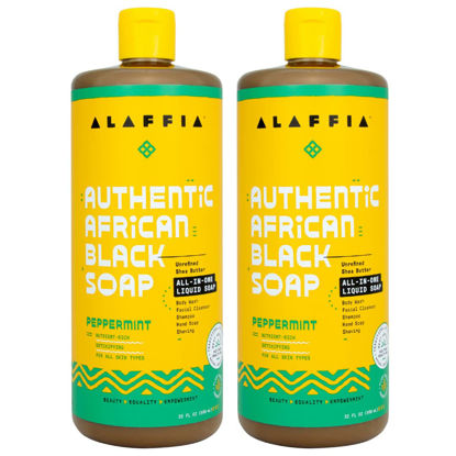 Picture of Alaffia Skin Care, Authentic African Black Soap, All in One Liquid Soap, Acne Face Wash, Moisturizing Body Wash, Shampoo, Shaving Soap, Shea Butter, Peppermint (2 Pack - 32 Fl Oz Ea)