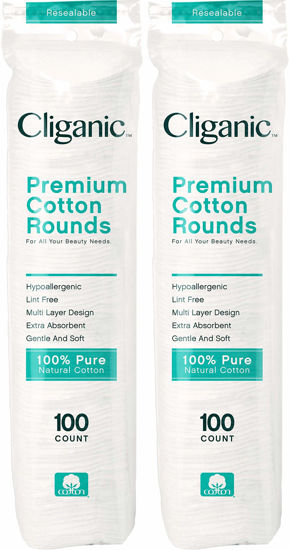 Picture of Cliganic Premium Cotton Rounds for Face (200 Count) | Makeup Remover Pads, Hypoallergenic, Lint-Free | 100% Pure Cotton