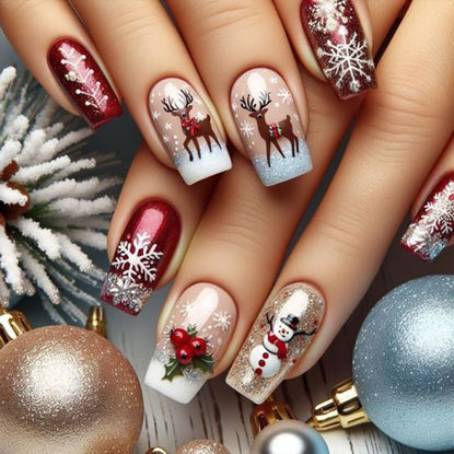 Picture of 24 Pcs Christmas Press on Nails Short Coffin Fake Nails Snowflake Snowman Elk Designs Winter Red Berry False Nails Full Cover Winter Glitter French Tips Stick on Nails Sparkly Acrylic Nails for Women