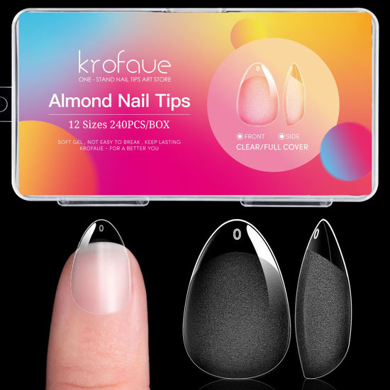 Picture of krofaue Almond Nail Tips 240pcs Almond Press On Nails Half Matte Short Fake Nails 12 Sizes Pre-Shaped Extra Short Almond Nails Soak Off Clear Nail Tips for Full Cover Nail Extensions DIY