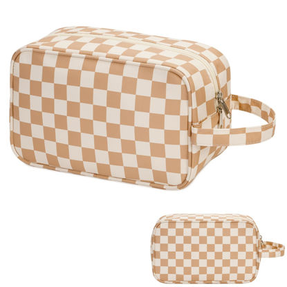 Picture of Narwey Travel Toiletry Bag for Women Traveling Dopp Kit Checkered Makeup Bag Organizer for Toiletries Accessories Cosmetics (Light Brown Checkerboard)