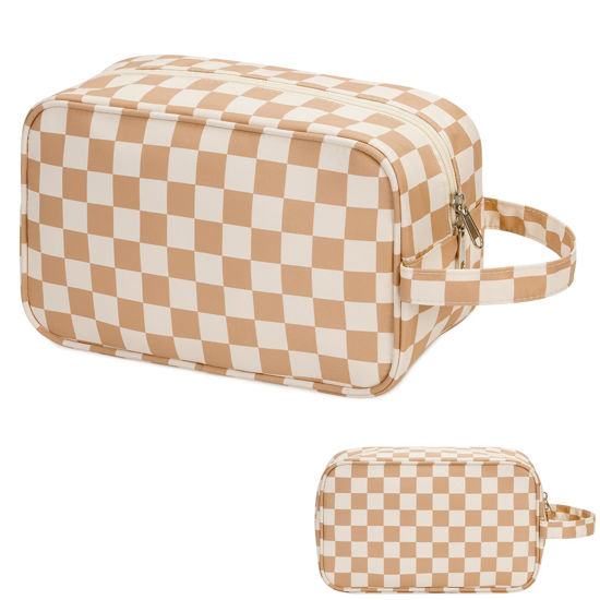 Picture of Narwey Travel Toiletry Bag for Women Traveling Dopp Kit Checkered Makeup Bag Organizer for Toiletries Accessories Cosmetics (Light Brown Checkerboard)