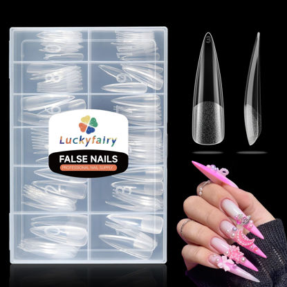 Picture of Luckyfairy XXL Stiletto Nail Tips 120 Pcs Full Cover Pre-buff Stiletto Gel x Press On Nails Stiletto Flat Tips for Acrylic Nails Professional for Nail Art Salon Home Nail Extensions 12 Sizes
