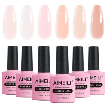 Picture of AIMEILI Hema Free Rubber Base Gel For Nails, Soak Off U V LED Clear Sheer Gel Nail Polish, 4 in 1 Nail Strengthen/Enhance/Base Coat/Color Gel Polish Set Of 6pcs X 10ml - Kit 46