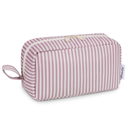 Picture of Narwey Cute Makeup Bag Small Toiletry Bag Travel Cosmetic Bag Organizer Make Up Bags with Organized Pockets for Women (Dusty Rose Stripe, Large)