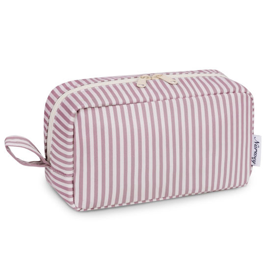Picture of Narwey Cute Makeup Bag Small Toiletry Bag Travel Cosmetic Bag Organizer Make Up Bags with Organized Pockets for Women (Dusty Rose Stripe, Large)