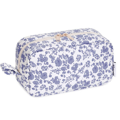 Picture of Narwey Cute Makeup Bag Small Toiletry Bag Travel Cosmetic Bag Organizer Make Up Bags with Organized Pockets for Women (Little Grayish Blue Flower, Large)