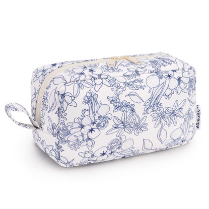 Picture of Narwey Cute Makeup Bag Small Toiletry Bag Travel Cosmetic Bag Organizer Make Up Bags with Organized Pockets for Women (Navy Blue Flower, Large)